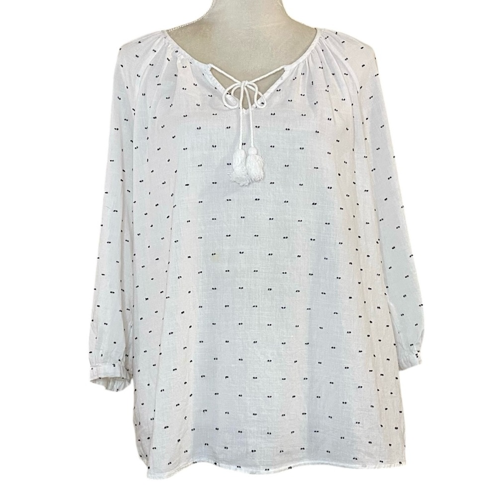 Merona White Navy Blue Neck Tie Cotton Peasant Tunic Top 3/4‎ Sleeve Sz M
